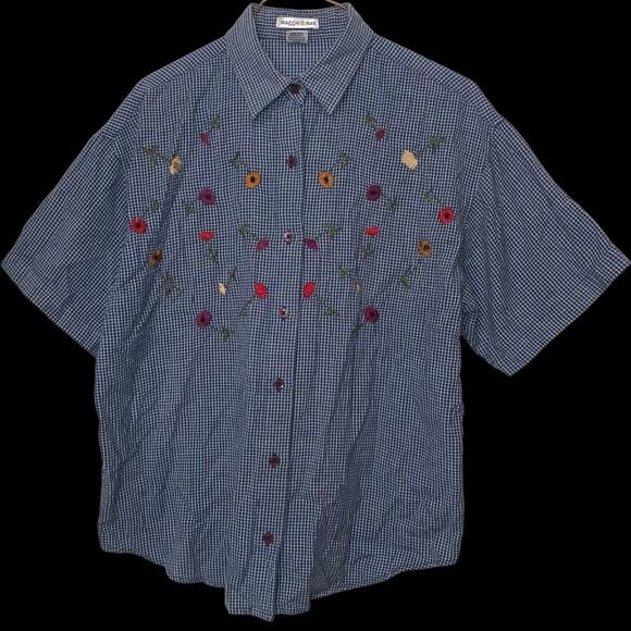 Maggie & Max Blue Gingham Embroidered Floral Button Down Shirt Women’s M - Picture 6 of 8